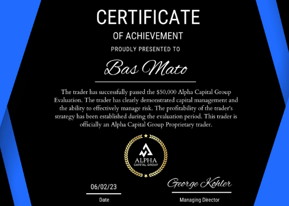 Alpha Capital Group Certificate of Achievement สำหรับการสอบผ่านบัญชี 50,000 ดอลลาร์