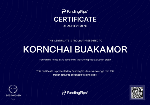 FundingPips Certificate of Achievement ออกให้ Kornchai Buakamor