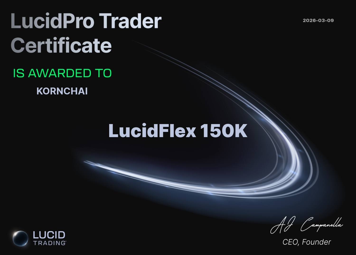 LucidPro Trader Certificate สำหรับบัญชี LucidFlex 150K ออกให้ Kornchai