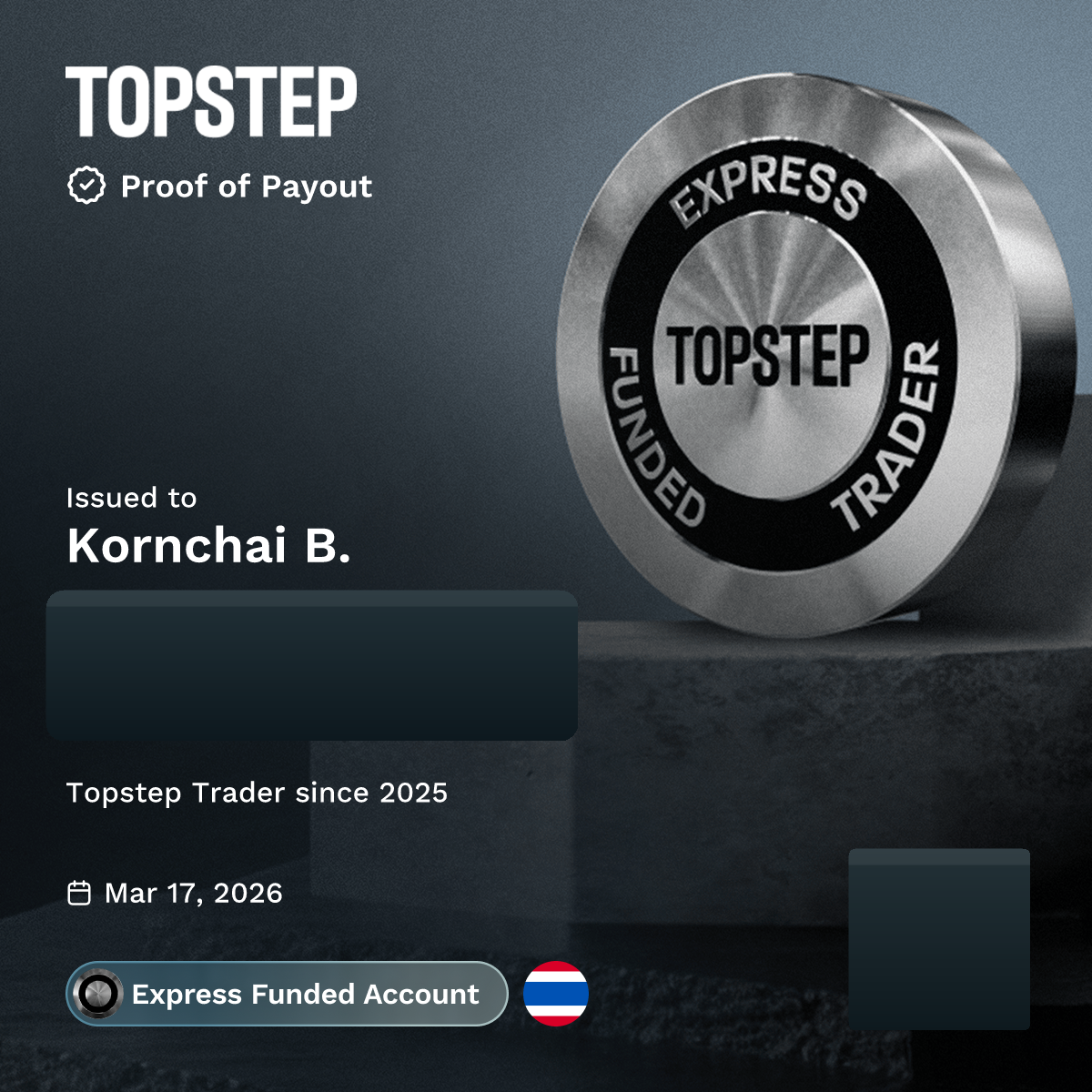 Topstep Proof of Payout ออกให้ Kornchai B. วันที่ 17 มีนาคม 2026 โดยซ่อนยอด Payout เพื่อความเป็นส่วนตัว